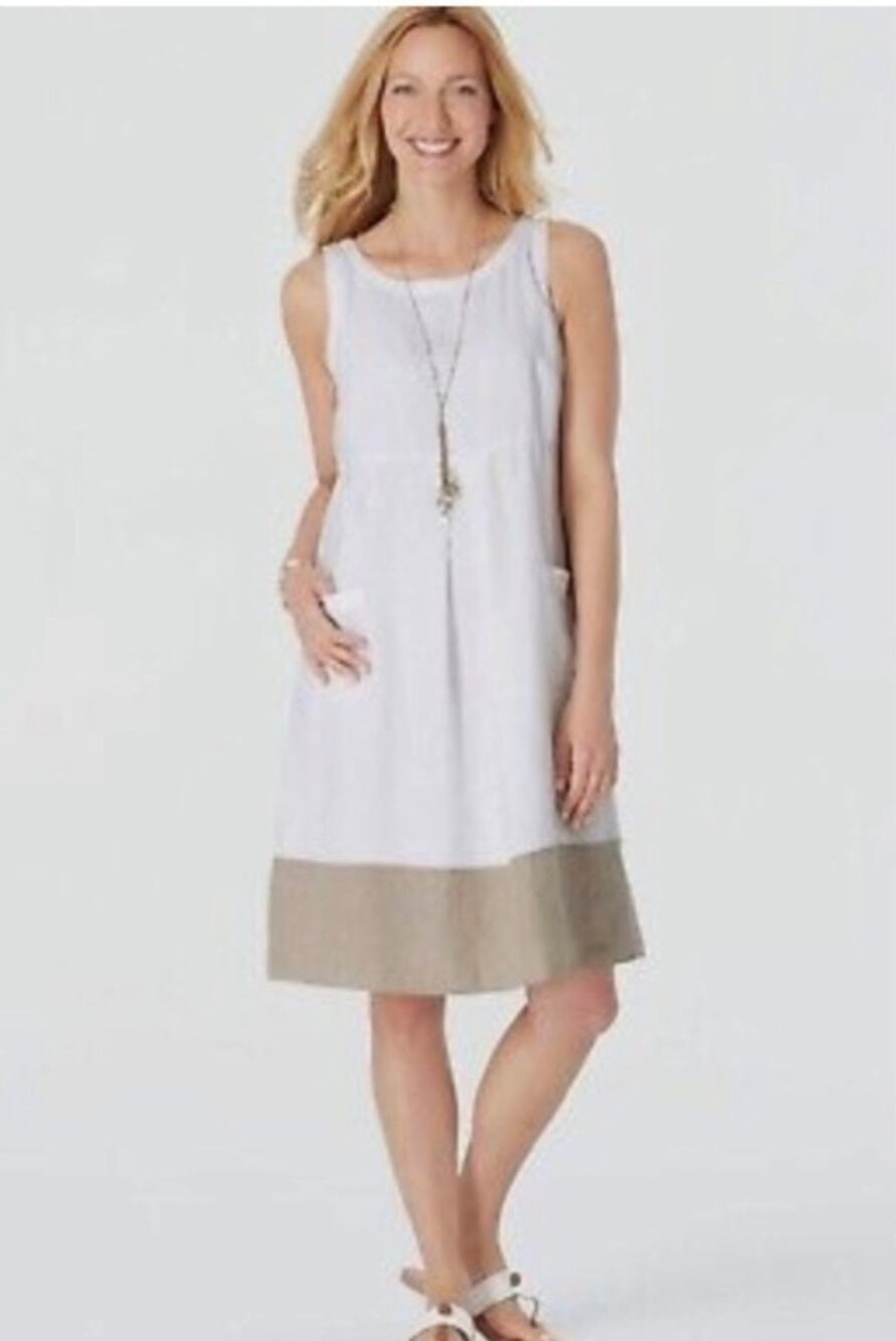J. Jill Love Linen Two Pocket Colorblock Linen Dress Women's Medium White Tan